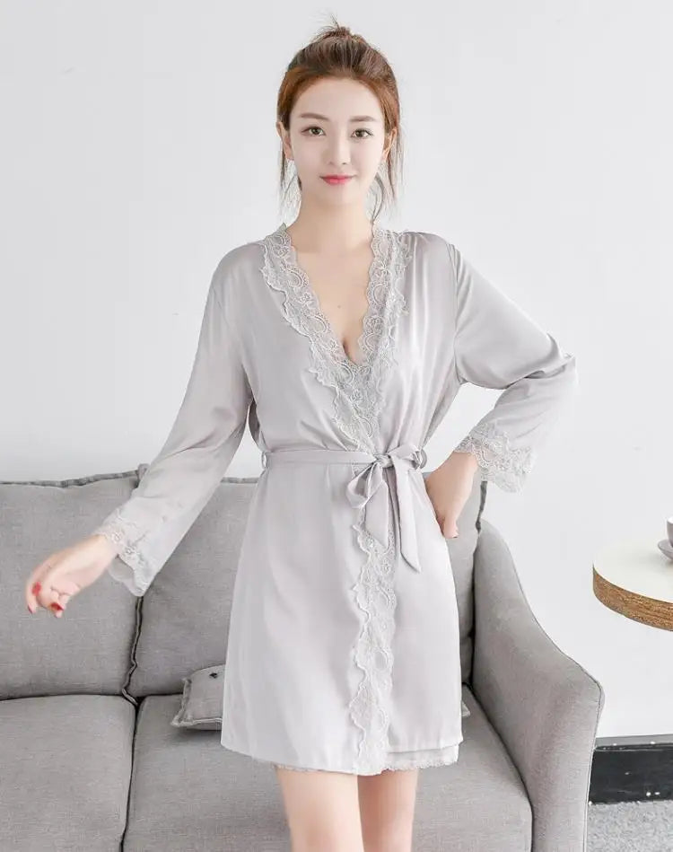 Satin Lace Kimono Robe