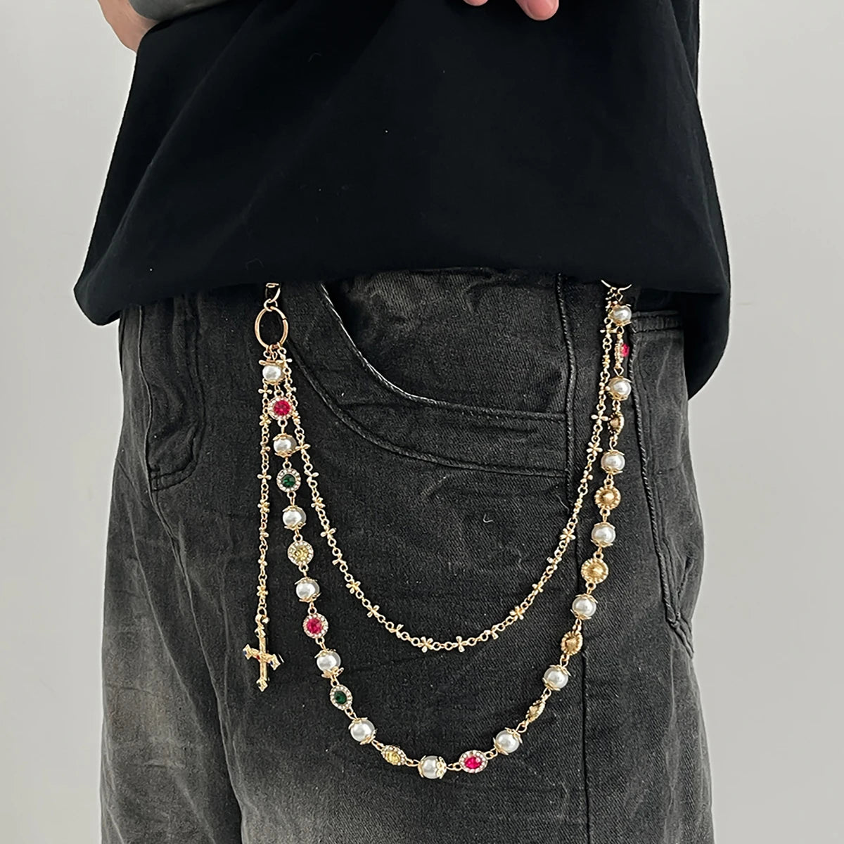 Salircon New Exquisite Luxury Cross Pendant Imitation Pearl Keychain Belt Chain Men Punk Trousers Jean Chain HipHop Jewelry Gift
