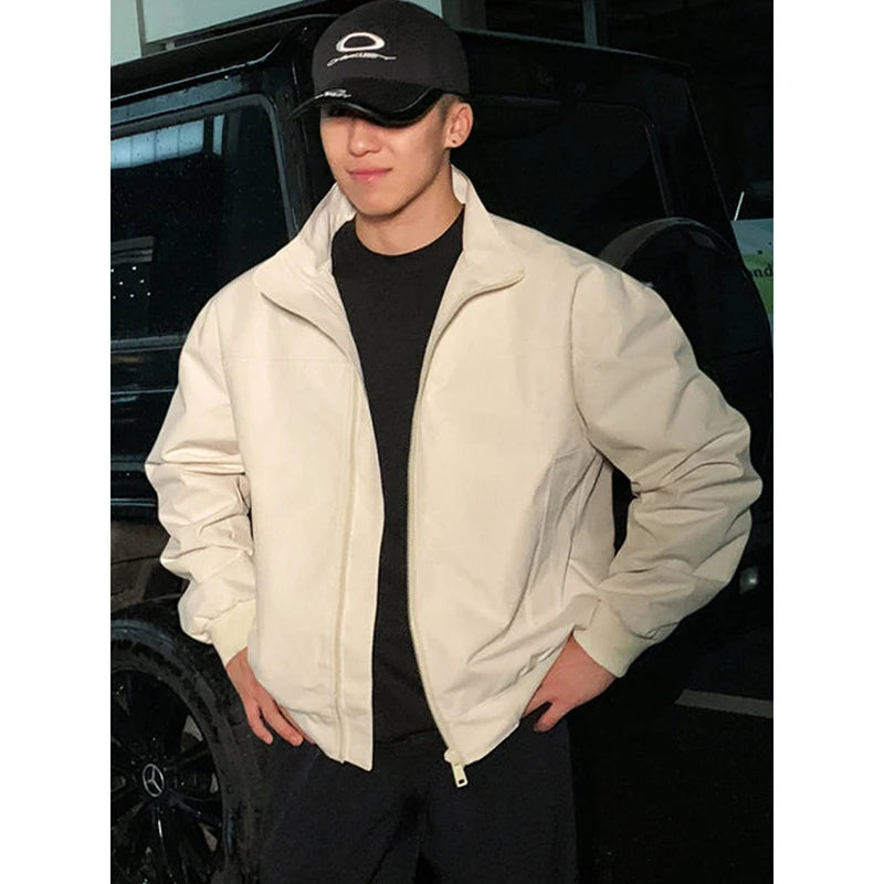 Men's Fashion Moto Zip Up Jacket Spring Autumn New Lightweight Loose Bomber Jackets Chic American Stand Collar Oversized Coat