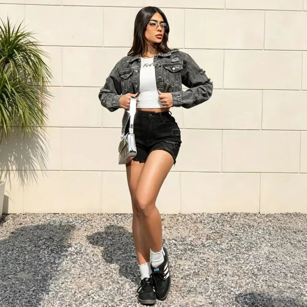 Retro Washed Old Short Denim Jacket Women, Ripped Rough Edge Design Sense, Spice Girl Waist Loose Jacket Street Trendy Top