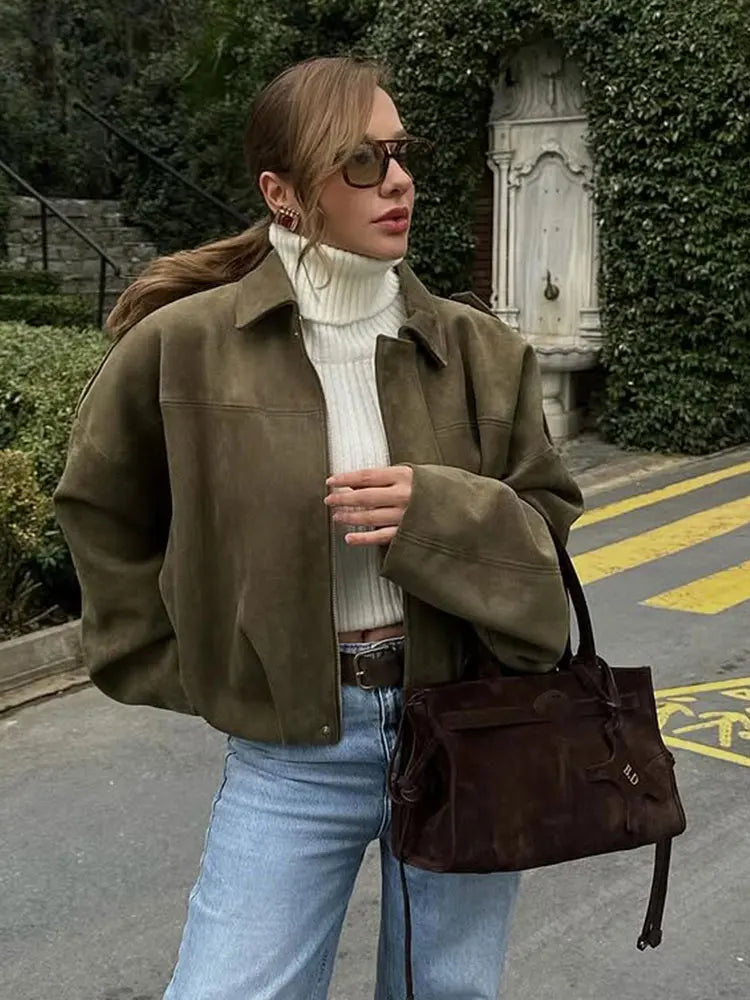 Brown Green Suede Bomber