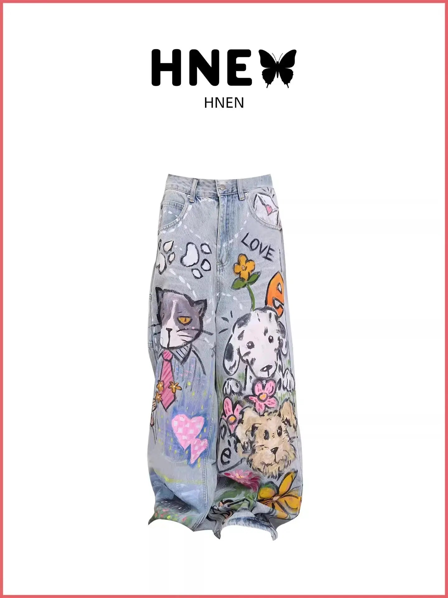 Doodle Print Wide-Leg Jeans