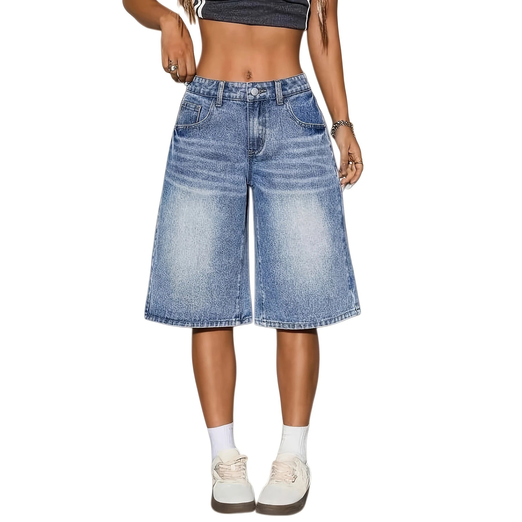 Loose Wide Leg Mid Calf Denim Shorts Women Light Blue Washed Classic Five Pocket Casual Streetwear Culotte Jeans