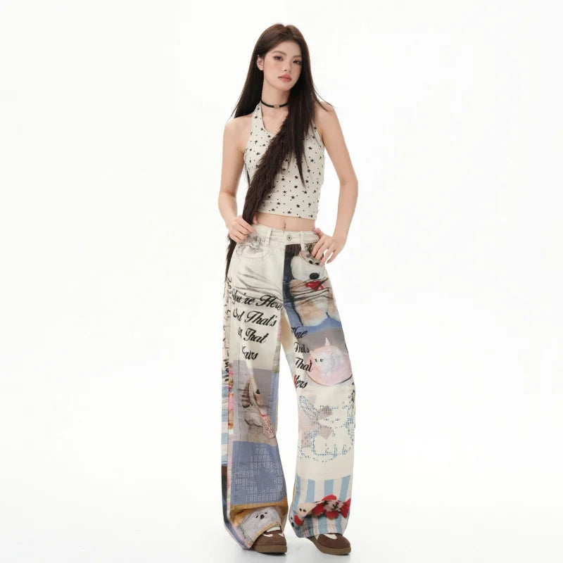 American Retro3DPrinted Fun Pattern Loose Wide-Leg Jeans for Women