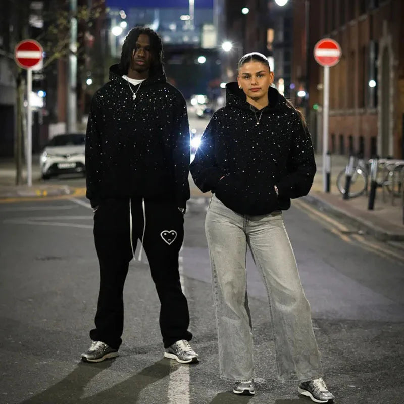 2025 Hooded Sports Pullover, Hot Stamping Diamond Couple Style Streetwear, INS