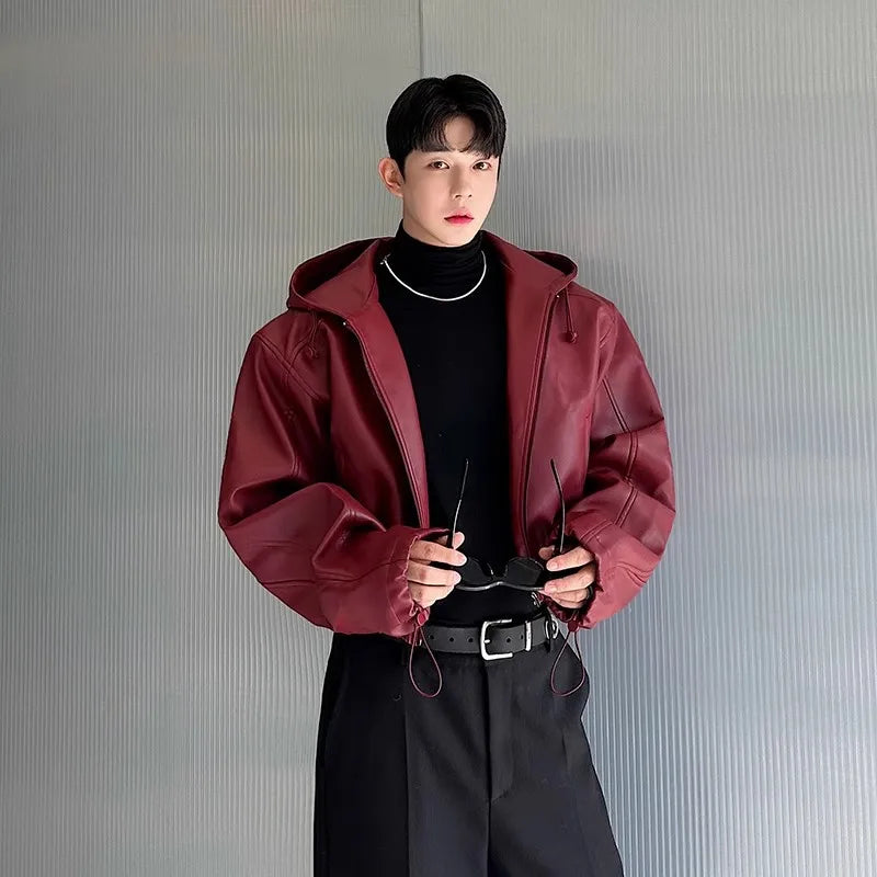 Mauroicardi Spring Autumn Short Waterproof Black Pu Leather Jacket Men Hood Zipper High Waist Loose Casual Korean Fashion 2025