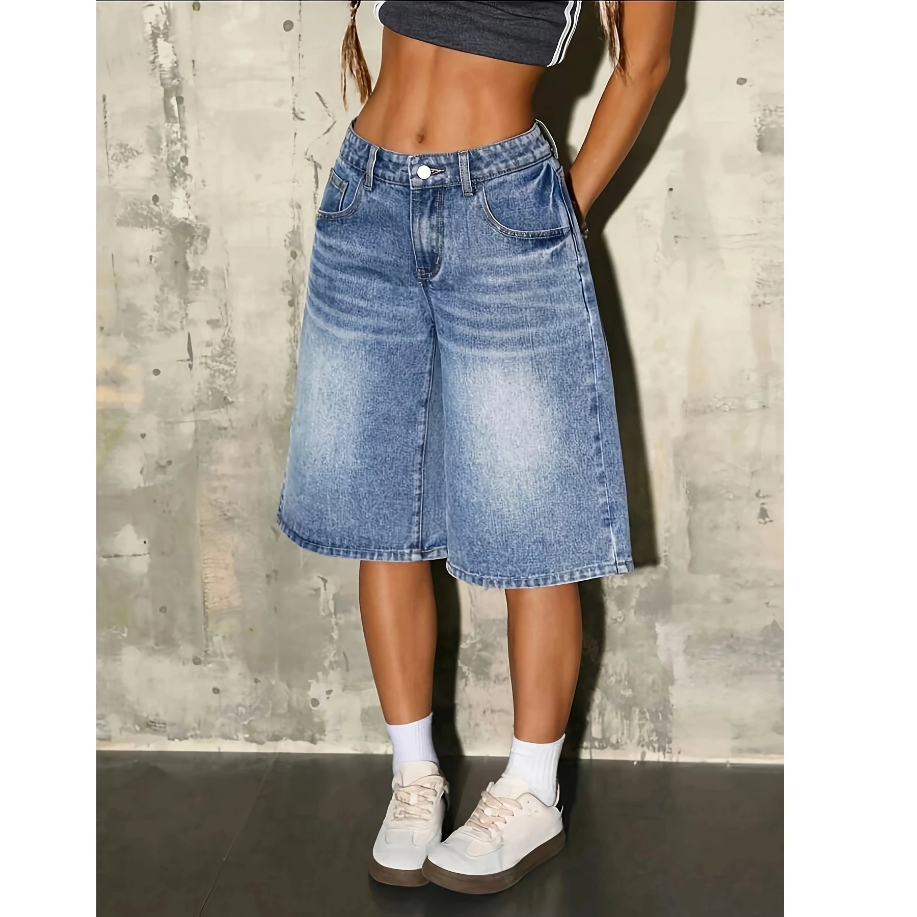 Washed Mid-Calf Denim Shorts