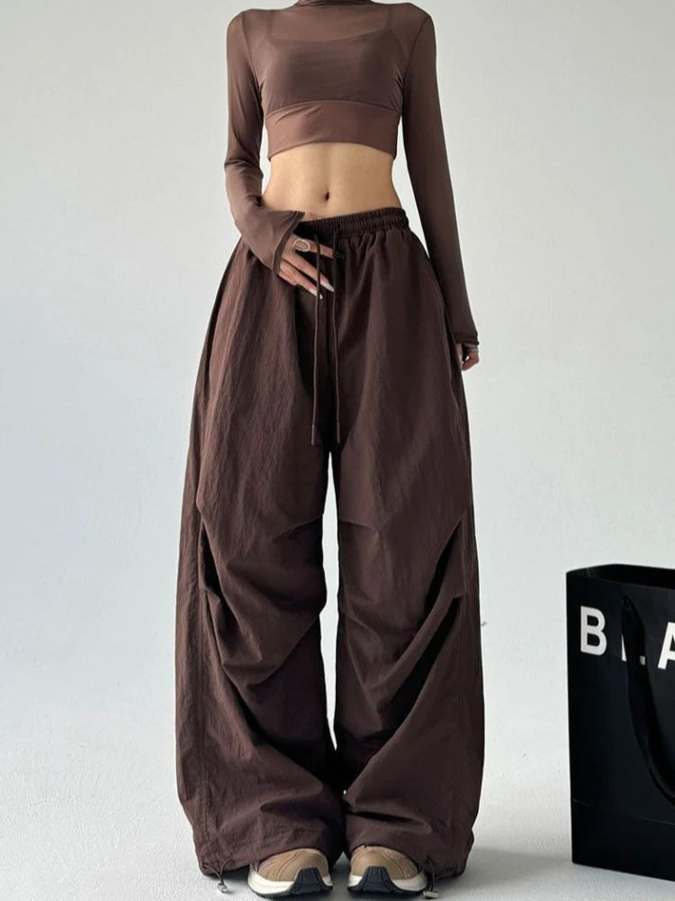 Brown Wide-Leg Parachute Pants