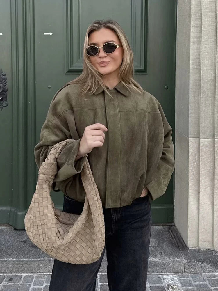 Green Suede Oversized Bomber