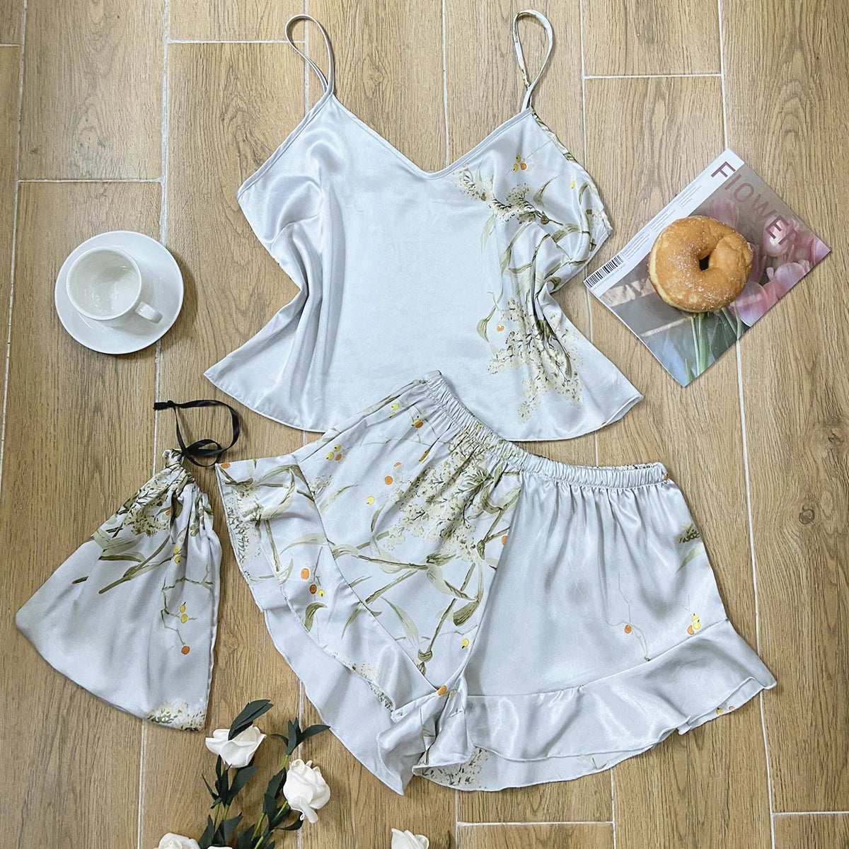 Floral Bird Satin Pajama Set