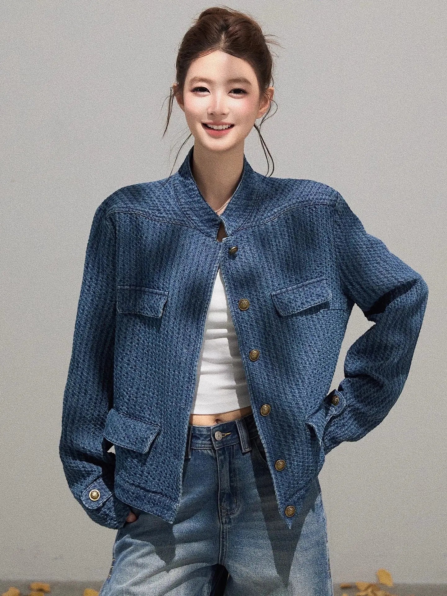 Korean Popular Clothes Outerwear Womens Coats Jackets Baggy Jeans Y2k Pants Blue Stand Collar Textured Long Sleeve Loose Casual