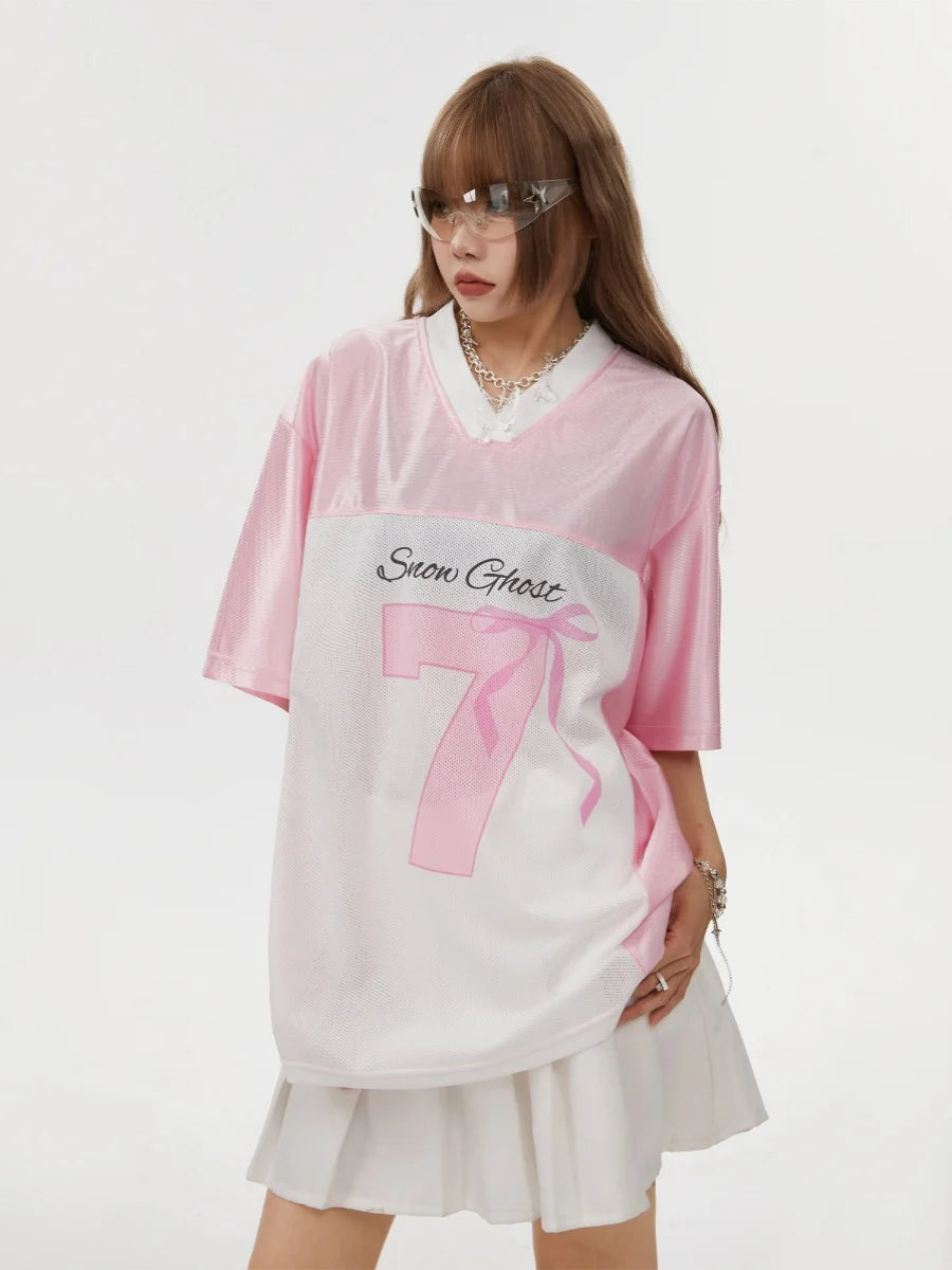 2025 Y2K New Pink V-Neck Short Sleeved T-Shirt Women's American Bow No.7 Sports Shirt Street Fashion Hip Hop Versatile Shirt ﻿