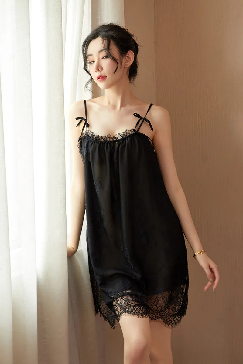 Black Satin Lace Nightgown