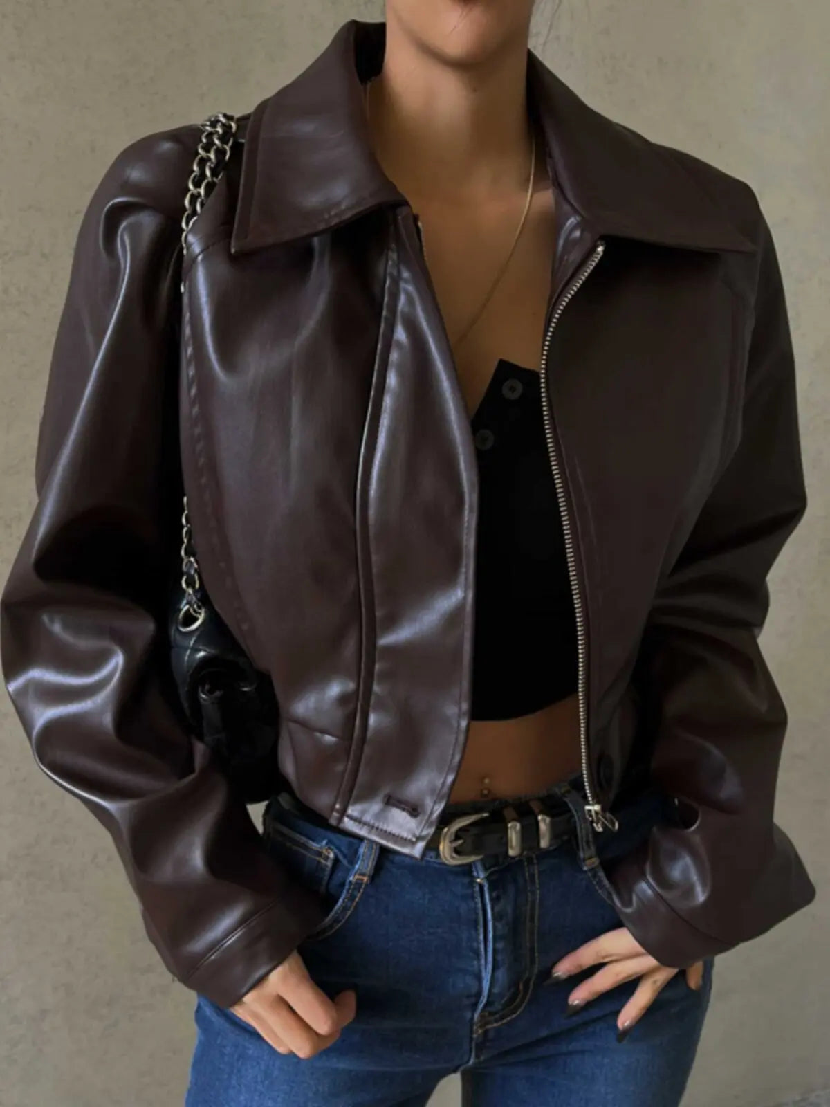 Women Dark Brown Vintage Lapel Zip PU Leather Jacket Loose Casual Cropped Biker Top Y2k Gyaru Vintage Motorcycle Mustang Jacket