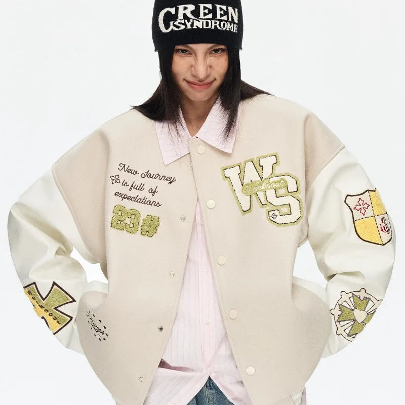 Vintage Popular New Letter Embroidery Joker Stitching Jacket Women Y2K High Street College Hip Hop Couple Sports Baseball Jacket