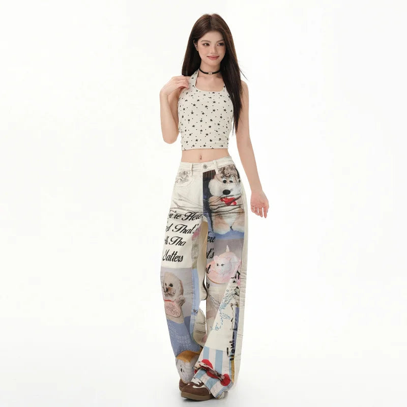 Retro 3D Printed Wide-Leg Jeans
