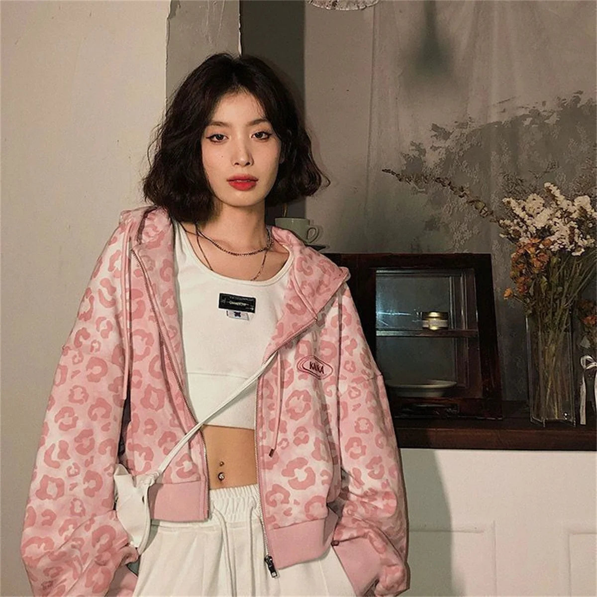 Pink Leopard Cropped Hoodie
