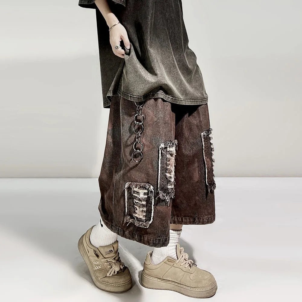 ARENS Ripped Hole Denim Shorts Mens Streetwear Hip Hop Knee Length Pants Harajuku Vintage Baggy Casual Wide-leg Short Male