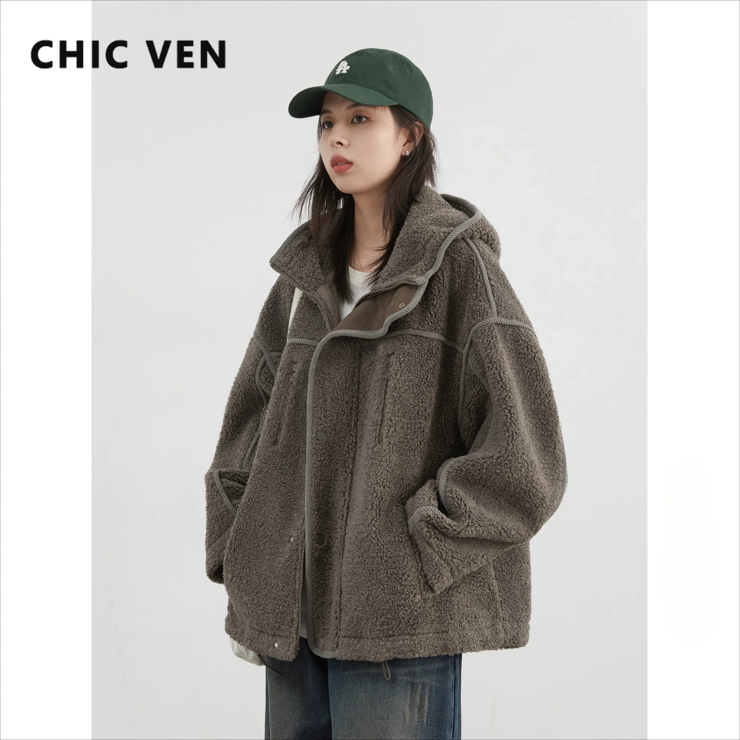 CHIC VEN Women's Jackets Solid Loose New British Hooded Stand Up Collar Ladies Jacket Warm Female Plush Coat Autumn Winter 2024
