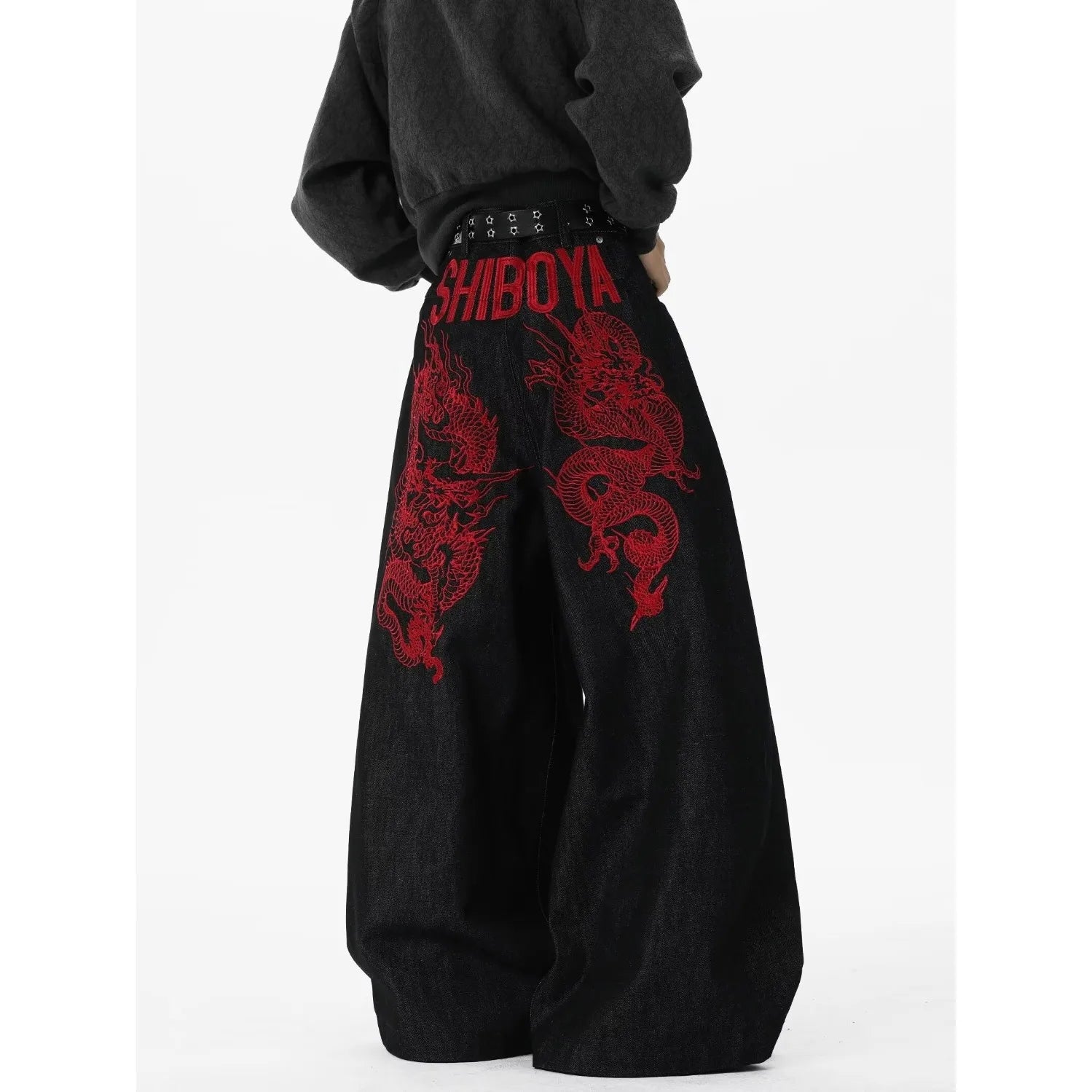 Retro Red Dragon Embroidery Wide Leg Knife Edge Jeans  for both men and women Y2K street cool floor length wide leg pants