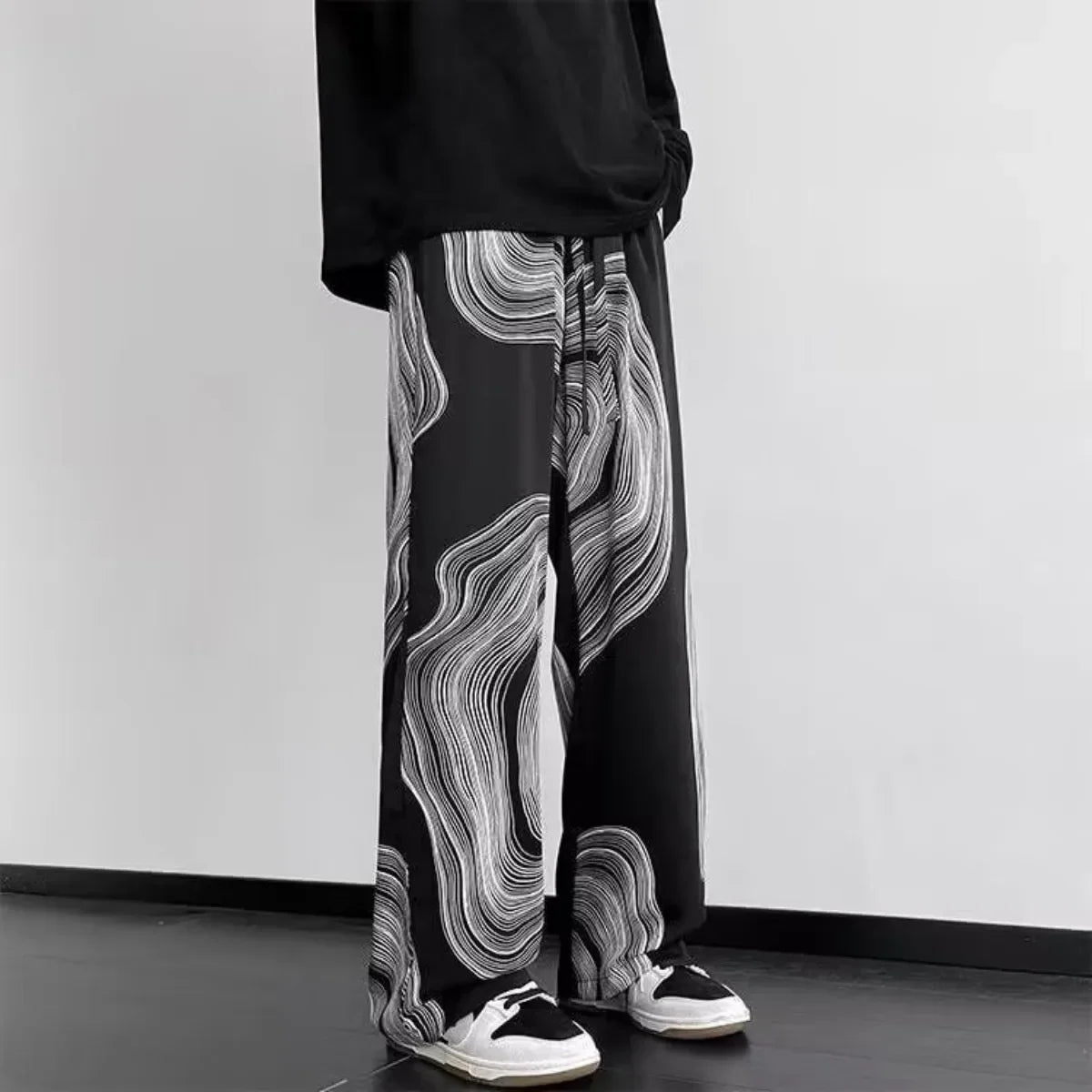 Spring Summer New Wide Leg Pants Men's Fashion Style Loose Casual Pants Mens Solid Color Elastic Waist Trousers Streetwear