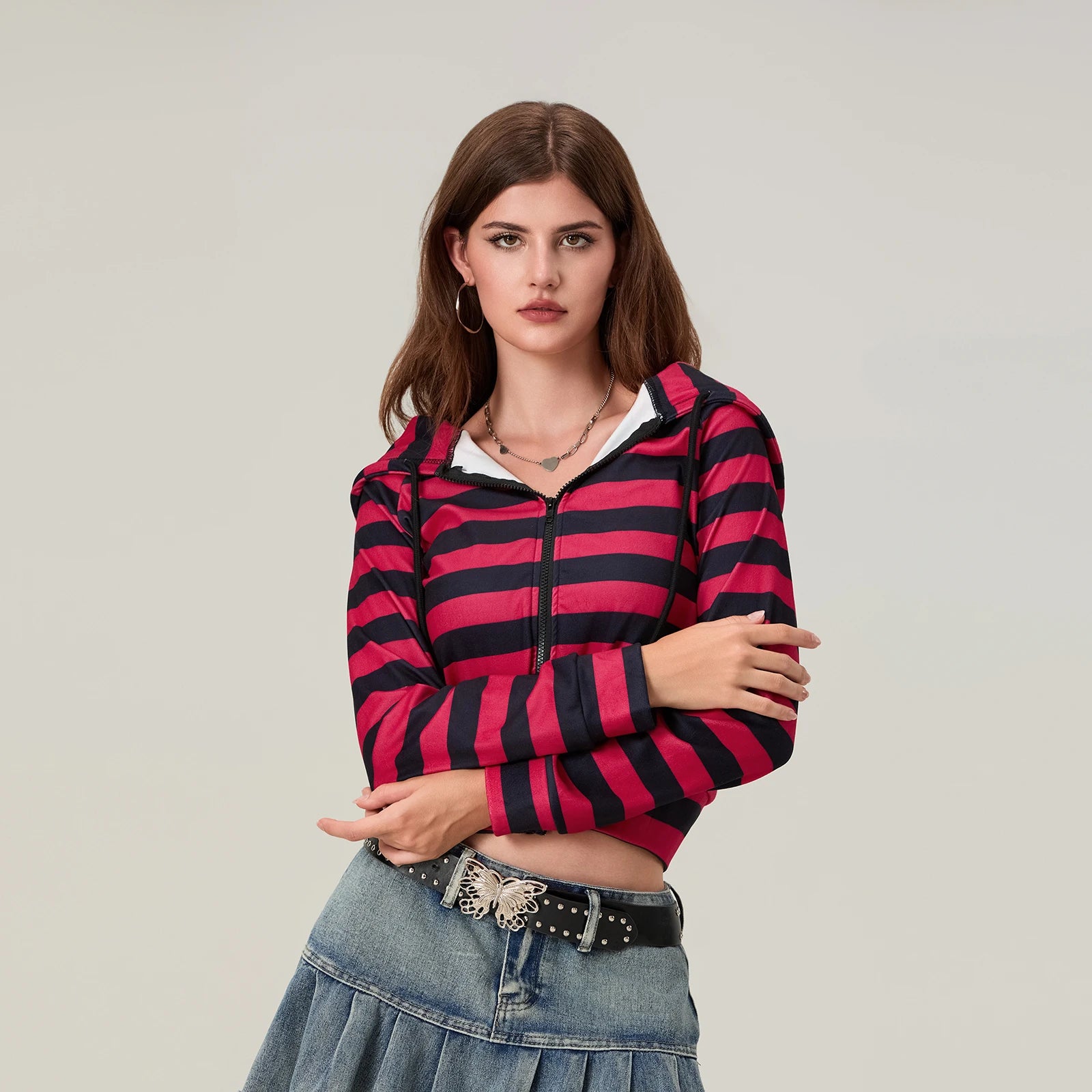 Striped Cropped Zip Hoodie