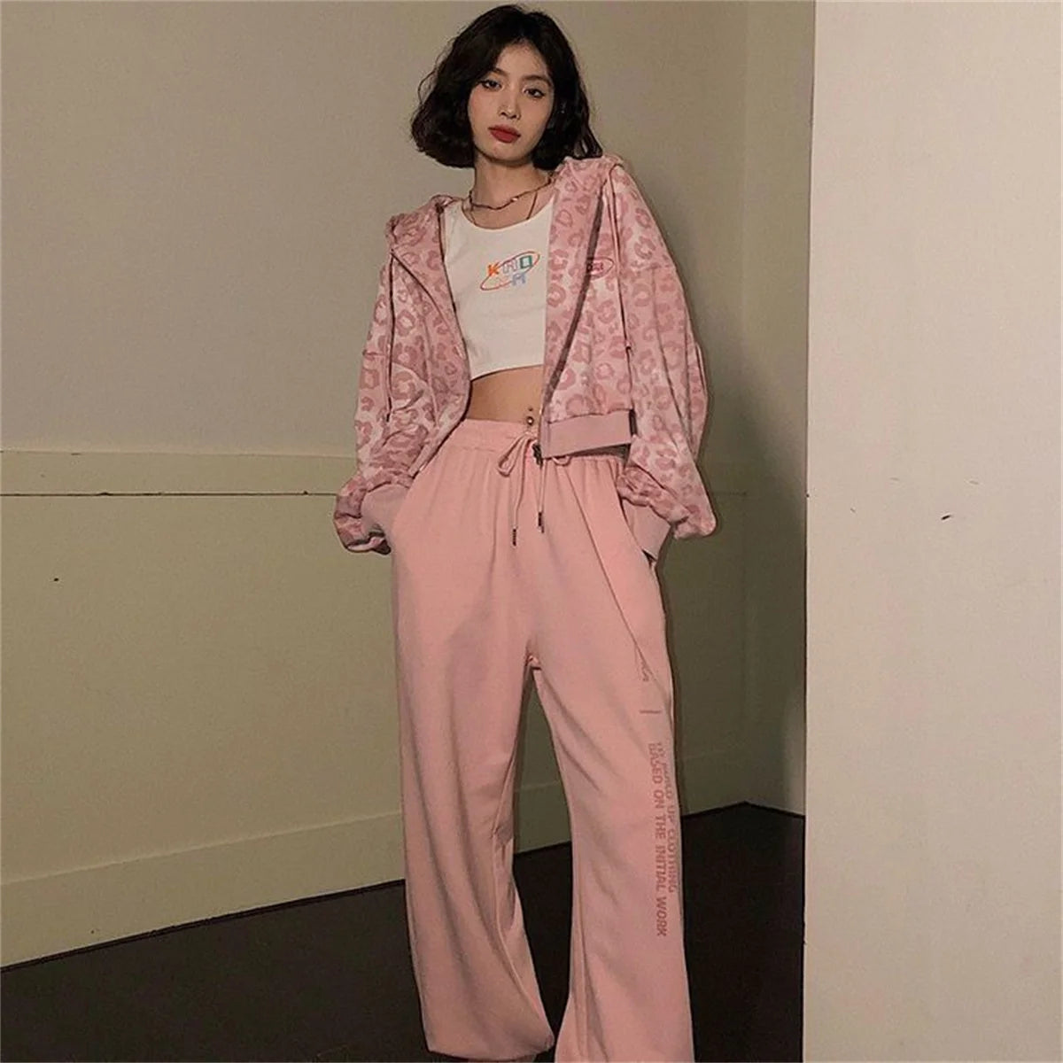 Pink Leopard Cropped Hoodie