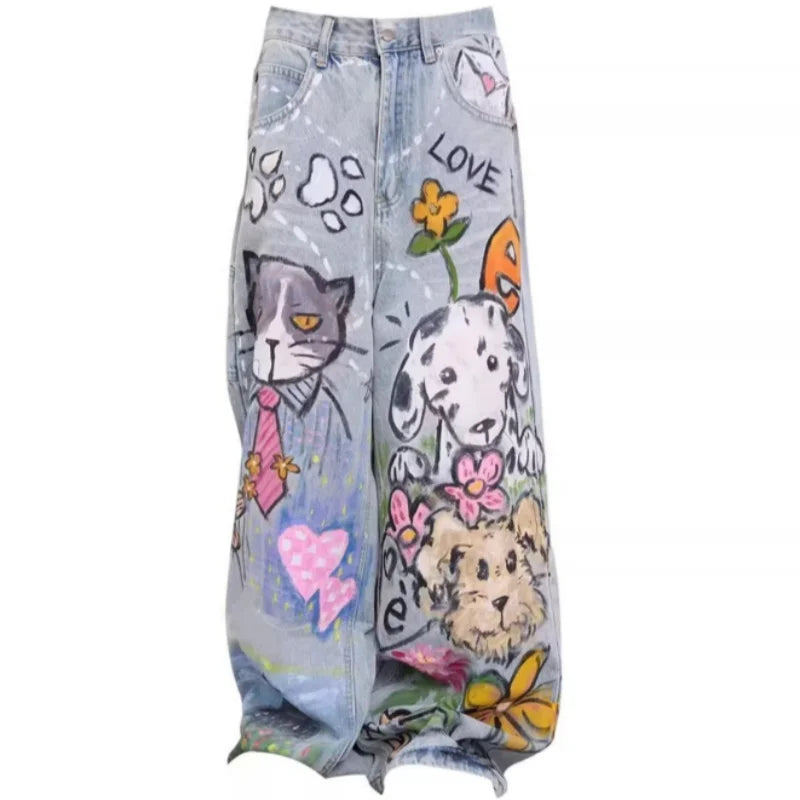 Doodle Print Wide-Leg Jeans