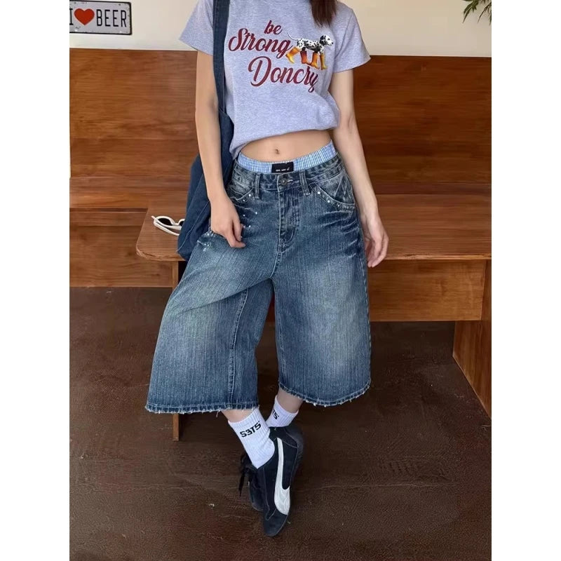 Y2K Washed Denim Capri Pants