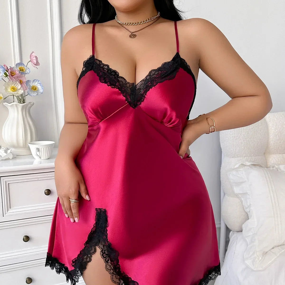 Floral Satin V-Neck Nightgown
