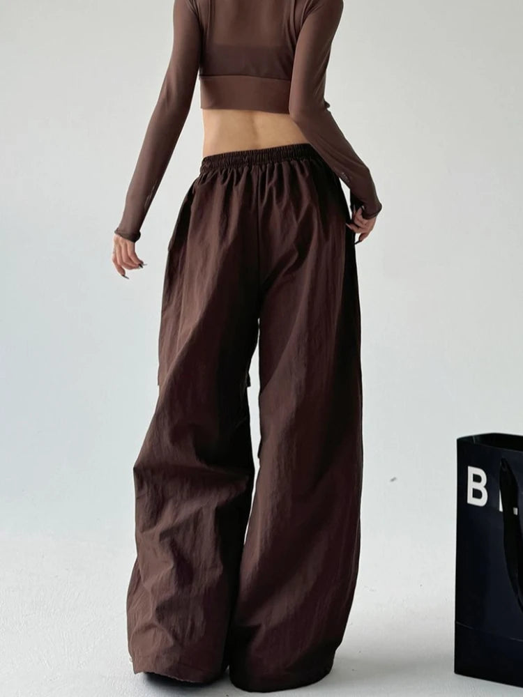 Brown Wide-Leg Parachute Pants