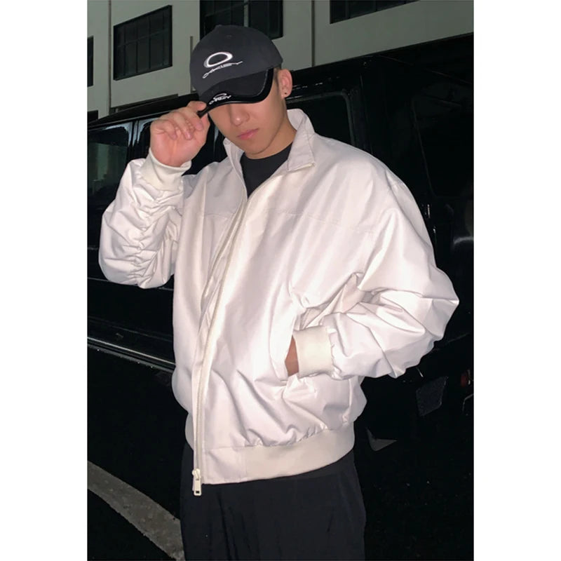 Men's Fashion Moto Zip Up Jacket Spring Autumn New Lightweight Loose Bomber Jackets Chic American Stand Collar Oversized Coat