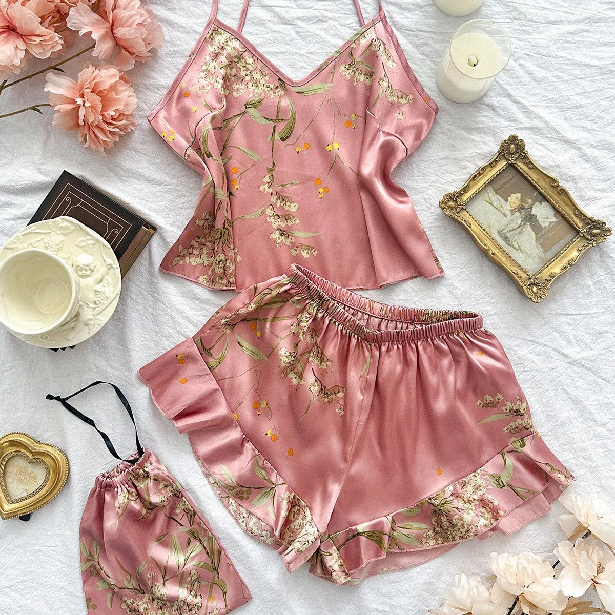 Floral Bird Satin Pajama Set