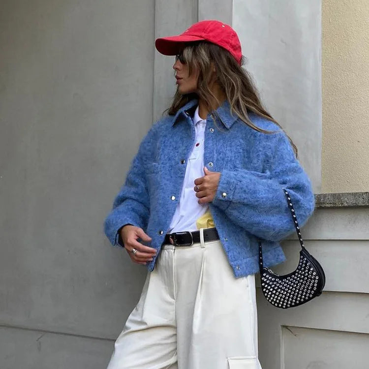 Klein Blue Lapel Wool Blend Shacket Jacket Metal Button Patch Pockets Oversized Fuzzy Women Cropped Fashion Casual Coat 260701