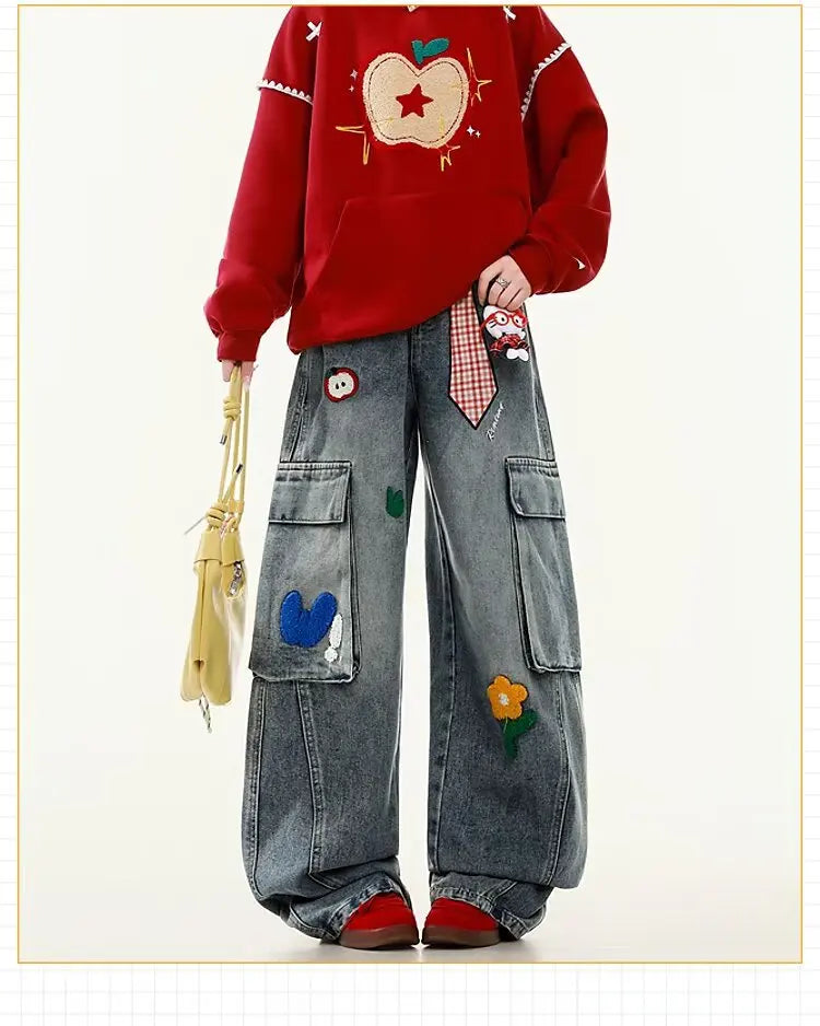 Embroidered Harajuku Wide-Leg Jeans