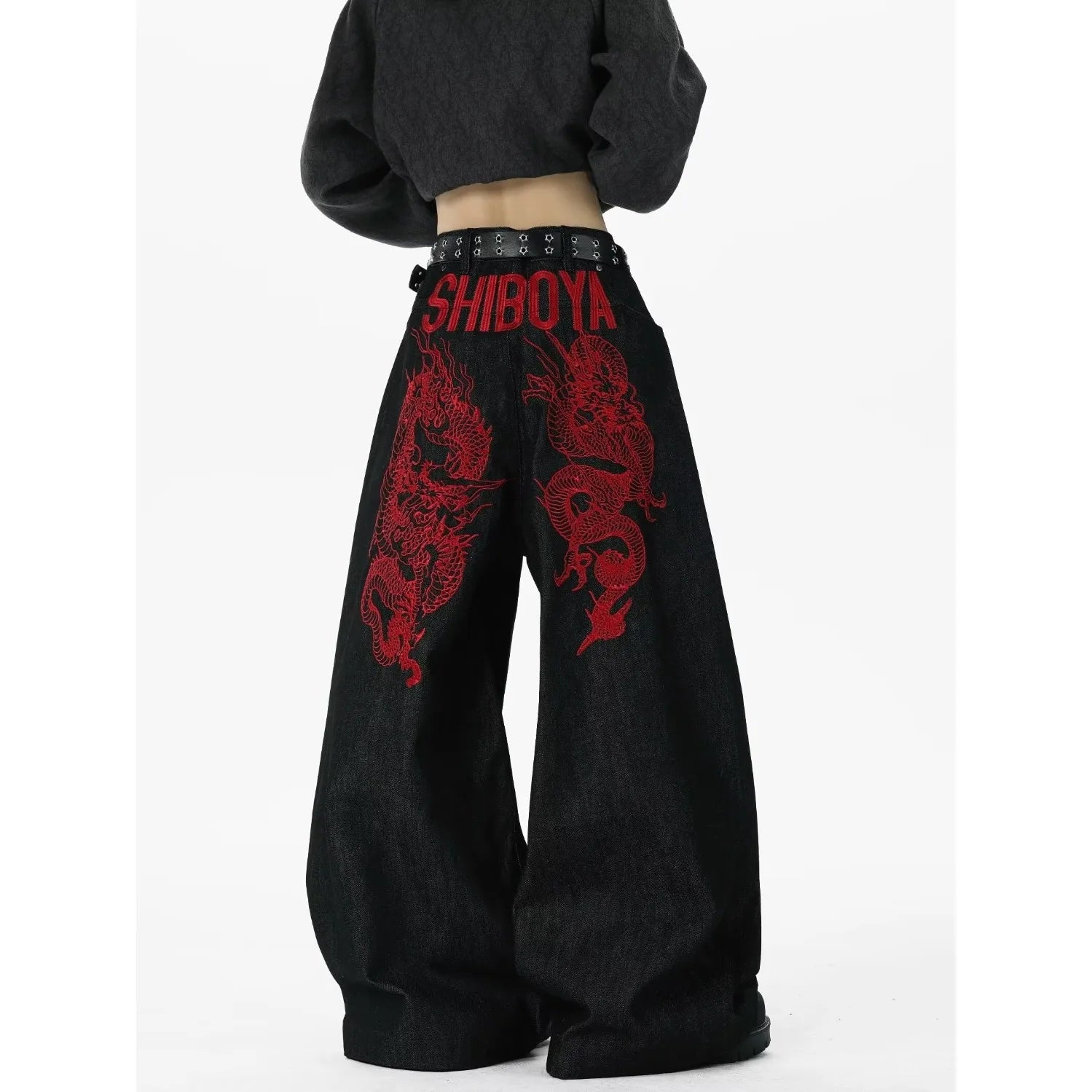 Retro Red Dragon Embroidery Wide Leg Knife Edge Jeans  for both men and women Y2K street cool floor length wide leg pants