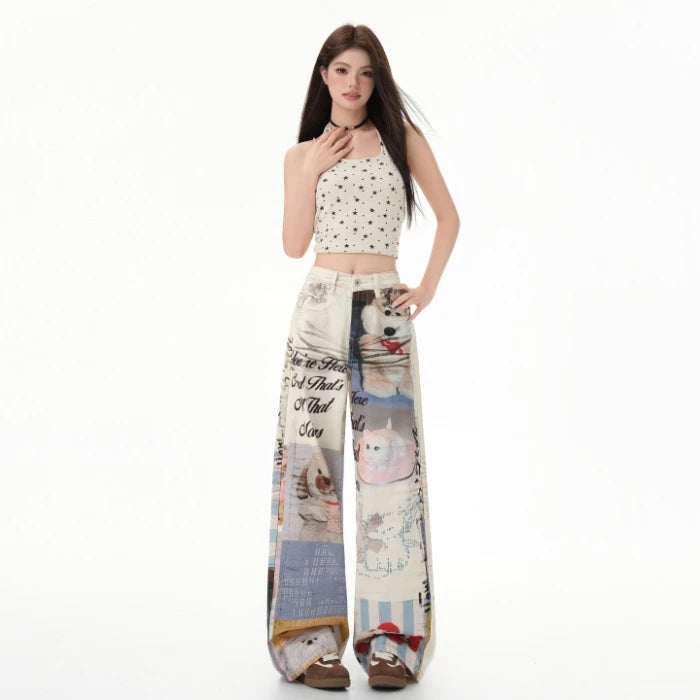 Retro 3D Printed Wide-Leg Jeans