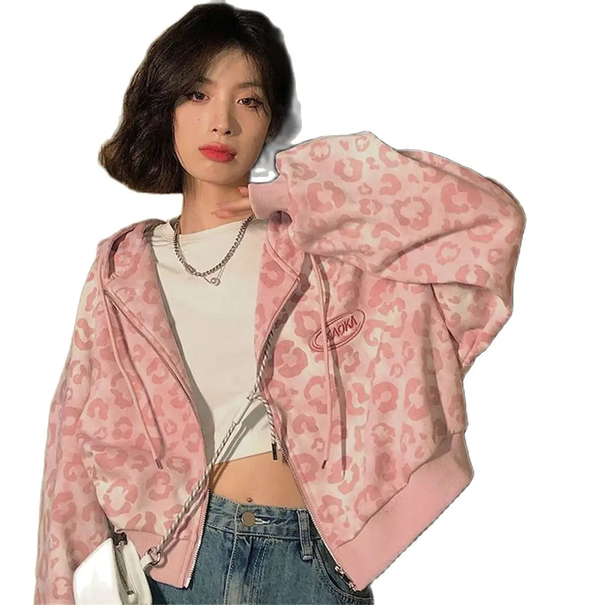 Pink Leopard Cropped Hoodie