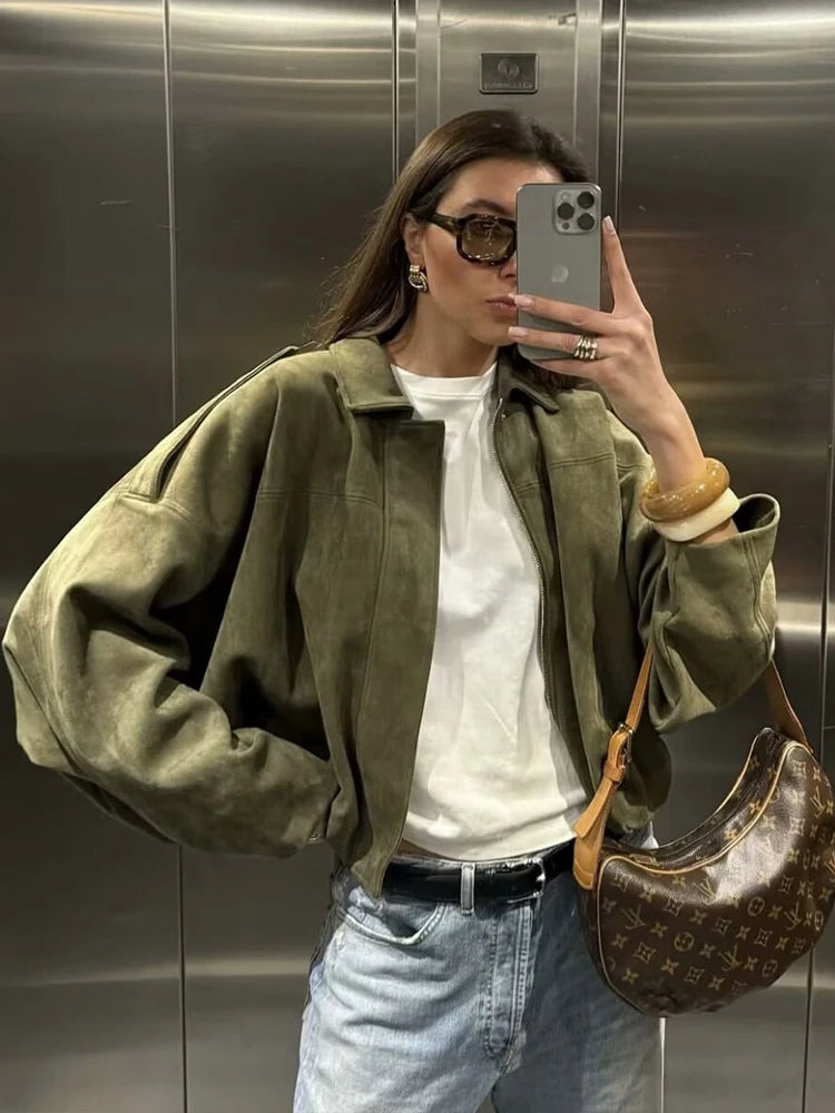 Green Suede Oversized Bomber