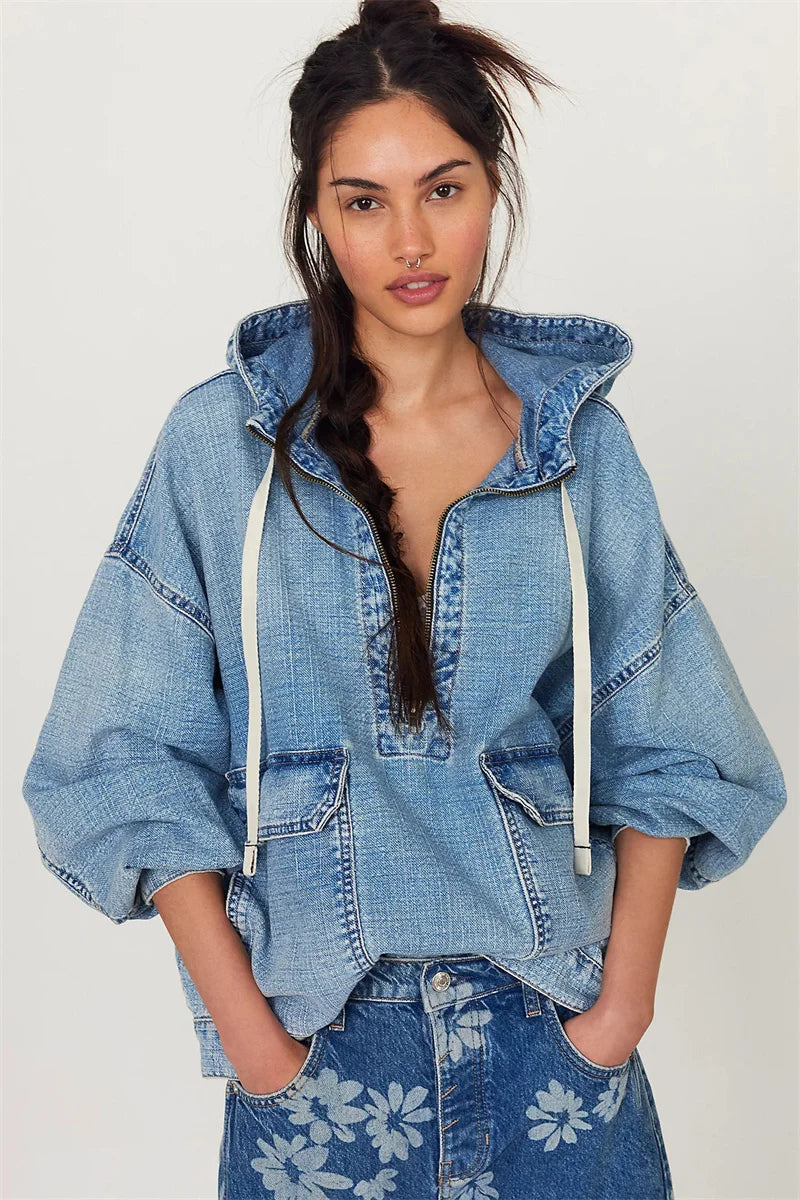 Washed Denim Drawstring Hoodie
