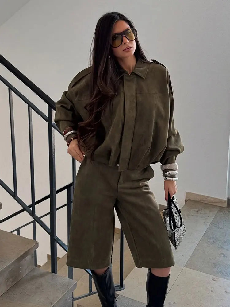 Brown Green Suede Bomber