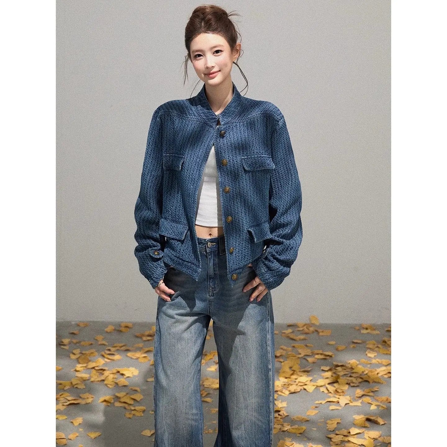Korean Popular Clothes Outerwear Womens Coats Jackets Baggy Jeans Y2k Pants Blue Stand Collar Textured Long Sleeve Loose Casual