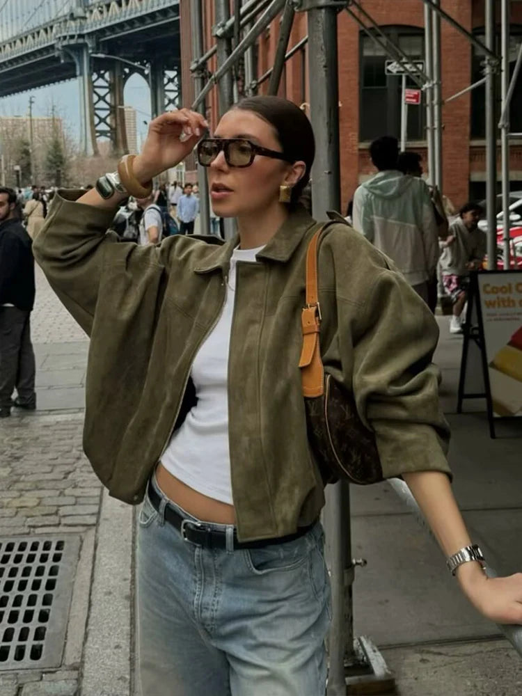 Green Suede Oversized Bomber