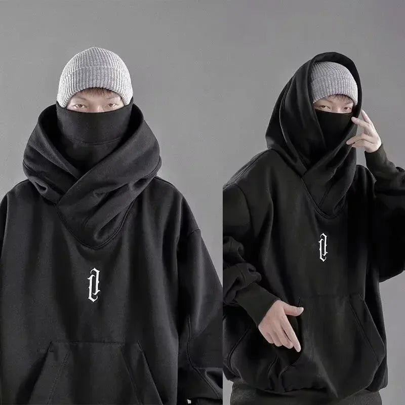 Winter Embroidery Turtleneck Men's Hooded Sweatshirt Japanese Ninja Oversized Hoodies Hip Hop Fleece Pocket Streetwear Y2K Hoody