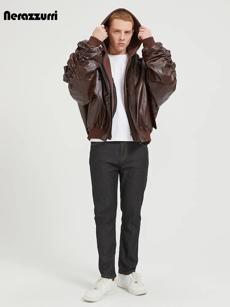 Nerazzurri Autumn Winter Oversized Quilted Warm Brown Pu Leather Jacket Men Luxury Designer Fake 2 Piece Menswear Clothes 2026