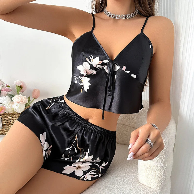 Cat Print Satin Pajama Set