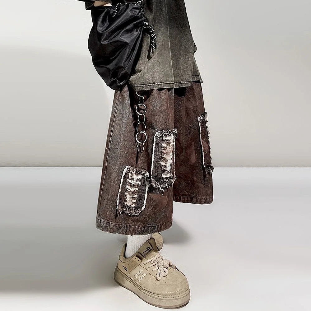 ARENS Ripped Hole Denim Shorts Mens Streetwear Hip Hop Knee Length Pants Harajuku Vintage Baggy Casual Wide-leg Short Male