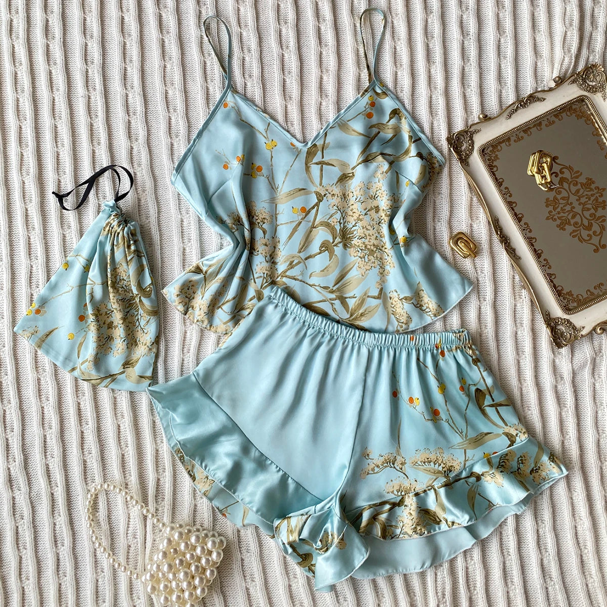 Floral Bird Satin Pajama Set