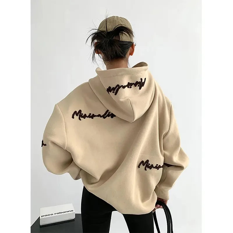 Women Streetwear Oversized Hoodies Plus Fleece Thick Embroidery Sweatshirts Harajuku Hip Hop Korean Loose Casual Pullovers
