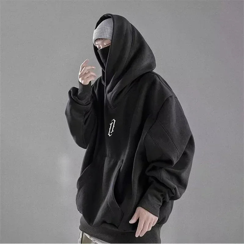 Winter Embroidery Turtleneck Men's Hooded Sweatshirt Japanese Ninja Oversized Hoodies Hip Hop Fleece Pocket Streetwear Y2K Hoody